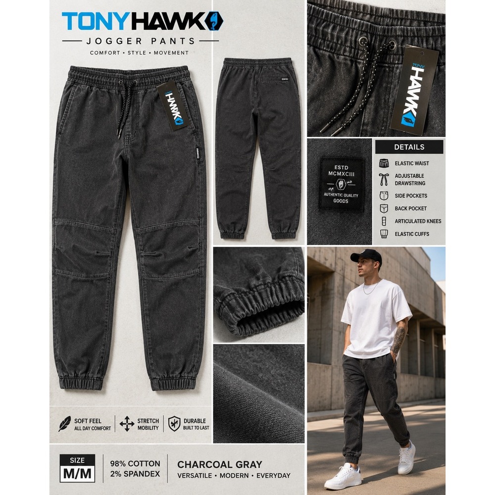 Tony Hawk Jogger Pants Charcoal Gray Stretch Articulated Knee Size M NWT Gray
